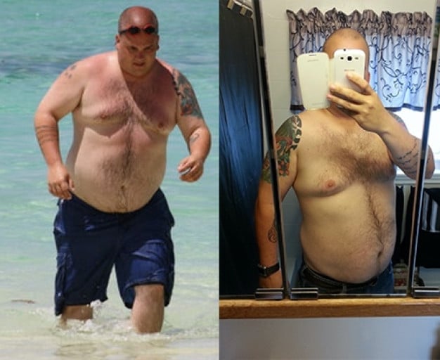 A photo of a 5'8" man showing a weight cut from 245 pounds to 218 pounds. A net loss of 27 pounds.