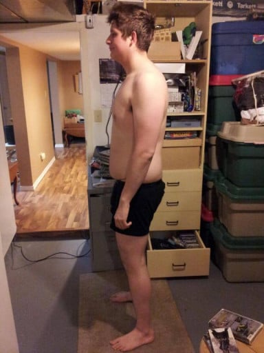 A before and after photo of a 6'5" male showing a snapshot of 243 pounds at a height of 6'5
