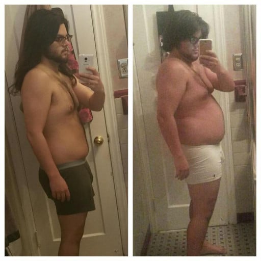 A before and after photo of a 5'10" male showing a weight reduction from 250 pounds to 195 pounds. A respectable loss of 55 pounds.