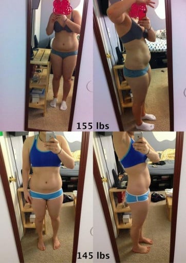 A picture of a 5'2" female showing a weight loss from 160 pounds to 141 pounds. A total loss of 19 pounds.