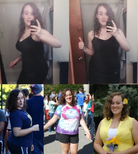 A progress pic of a 5'11" woman showing a fat loss from 241 pounds to 211 pounds. A net loss of 30 pounds.