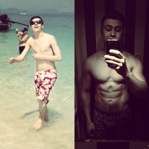 A before and after photo of a 5'10" male showing a weight bulk from 110 pounds to 180 pounds. A respectable gain of 70 pounds.