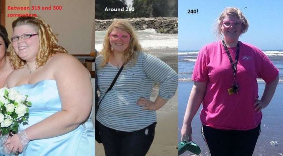 A photo of a 5'8" woman showing a weight cut from 300 pounds to 260 pounds. A net loss of 40 pounds.