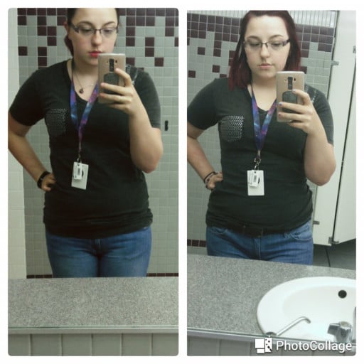 A progress pic of a 5'6" woman showing a fat loss from 196 pounds to 181 pounds. A net loss of 15 pounds.