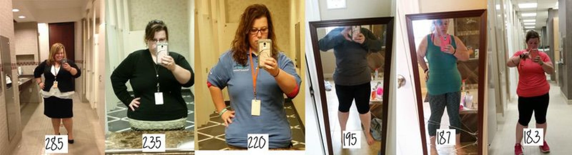 A photo of a 4'11" woman showing a weight loss from 285 pounds to 183 pounds. A respectable loss of 102 pounds.
