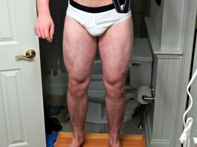 A photo of a 5'10" man showing a weight bulk from 155 pounds to 187 pounds. A net gain of 32 pounds.