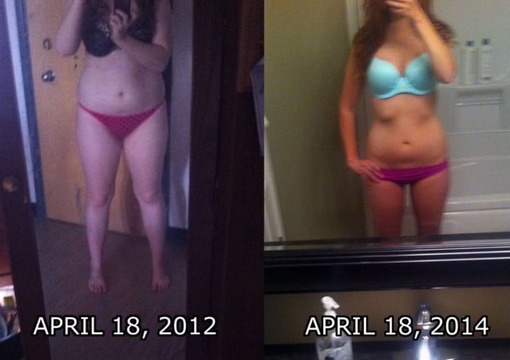 A before and after photo of a 5'8" female showing a weight reduction from 183 pounds to 139 pounds. A net loss of 44 pounds.