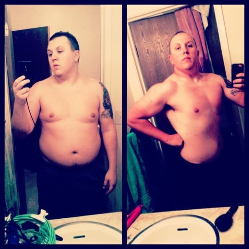 A before and after photo of a 5'11" male showing a weight reduction from 252 pounds to 212 pounds. A total loss of 40 pounds.