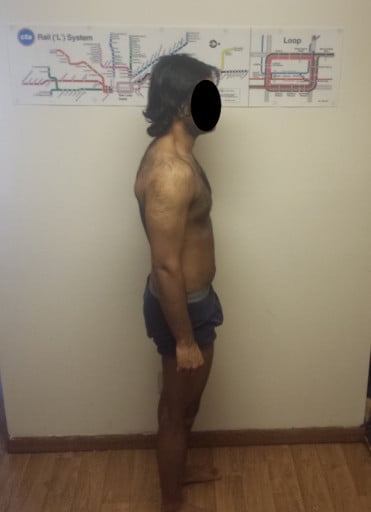 A before and after photo of a 5'8" male showing a snapshot of 152 pounds at a height of 5'8