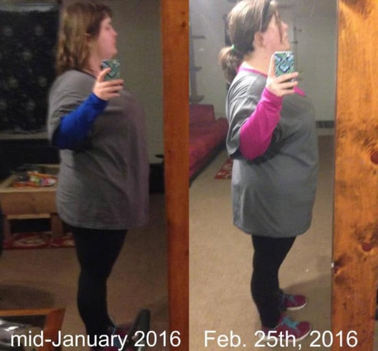 A picture of a 5'4" female showing a weight cut from 294 pounds to 266 pounds. A total loss of 28 pounds.