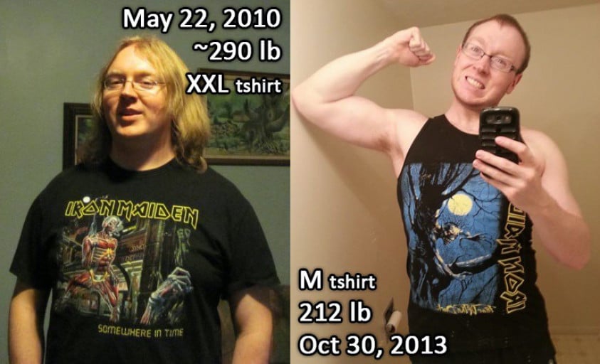 A photo of a 6'1" man showing a weight cut from 290 pounds to 212 pounds. A total loss of 78 pounds.