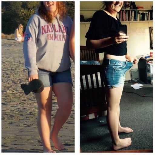A before and after photo of a 5'6" female showing a weight reduction from 190 pounds to 159 pounds. A net loss of 31 pounds.
