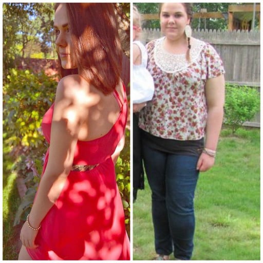 A progress pic of a 5'7" woman showing a weight reduction from 238 pounds to 152 pounds. A total loss of 86 pounds.