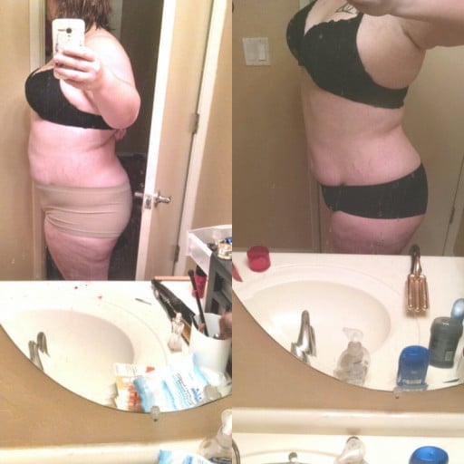 A progress pic of a 5'6" woman showing a fat loss from 304 pounds to 280 pounds. A respectable loss of 24 pounds.