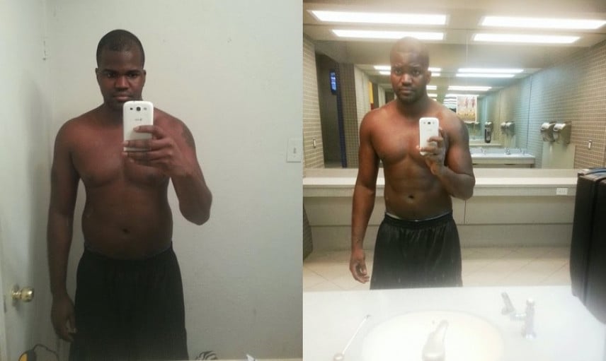 A progress pic of a 6'1" man showing a fat loss from 198 pounds to 178 pounds. A total loss of 20 pounds.