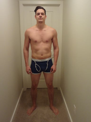 A before and after photo of a 6'0" male showing a muscle gain from 170 pounds to 175 pounds. A net gain of 5 pounds.