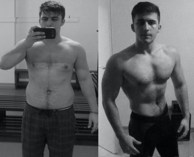 A progress pic of a 6'0" man showing a fat loss from 205 pounds to 167 pounds. A respectable loss of 38 pounds.
