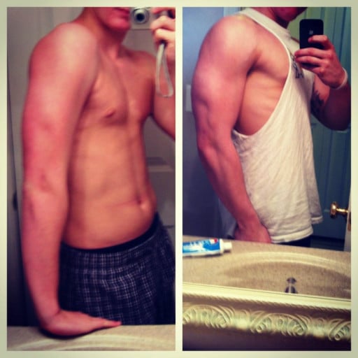 A progress pic of a 5'11" man showing a weight bulk from 140 pounds to 180 pounds. A respectable gain of 40 pounds.