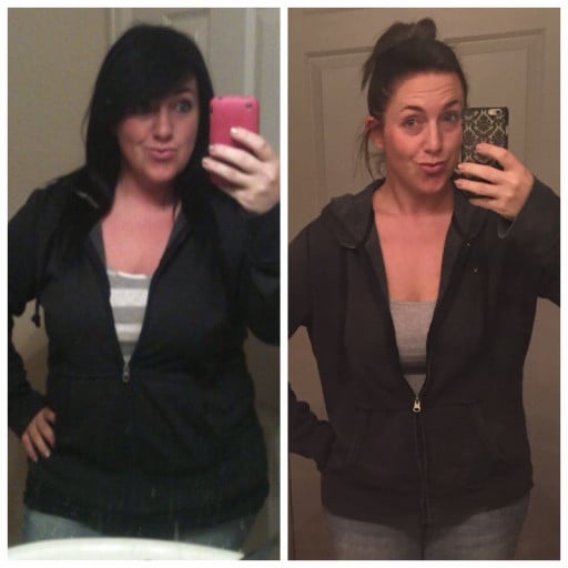 A progress pic of a 5'1" woman showing a fat loss from 202 pounds to 150 pounds. A net loss of 52 pounds.