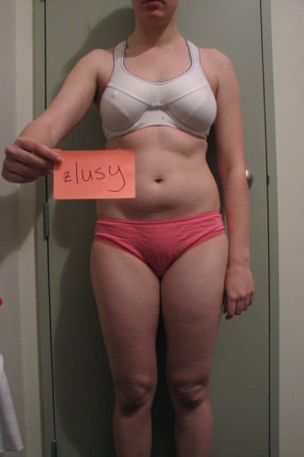 A before and after photo of a 5'3" female showing a snapshot of 121 pounds at a height of 5'3