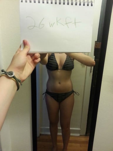 A before and after photo of a 5'6" female showing a snapshot of 141 pounds at a height of 5'6