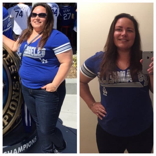A before and after photo of a 5'2" female showing a weight reduction from 226 pounds to 201 pounds. A net loss of 25 pounds.