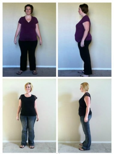 A progress pic of a 5'4" woman showing a fat loss from 207 pounds to 176 pounds. A total loss of 31 pounds.