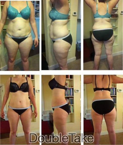 A progress pic of a 5'8" woman showing a fat loss from 200 pounds to 187 pounds. A net loss of 13 pounds.
