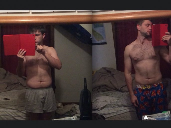 A photo of a 6'2" man showing a weight cut from 215 pounds to 195 pounds. A net loss of 20 pounds.