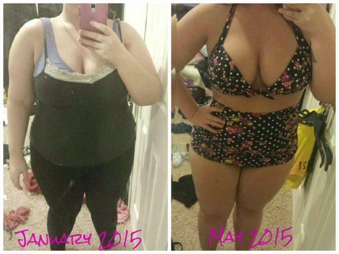 A photo of a 5'0" woman showing a weight cut from 227 pounds to 191 pounds. A net loss of 36 pounds.