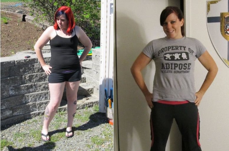 A photo of a 5'8" woman showing a weight cut from 200 pounds to 160 pounds. A total loss of 40 pounds.