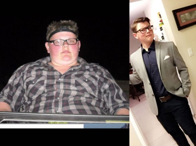 A before and after photo of a 5'8" male showing a weight reduction from 300 pounds to 200 pounds. A respectable loss of 100 pounds.
