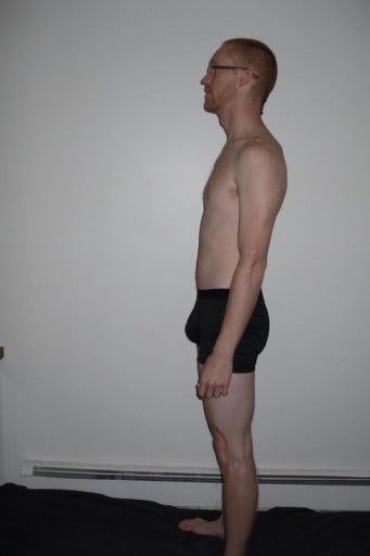 A before and after photo of a 6'1" male showing a snapshot of 157 pounds at a height of 6'1