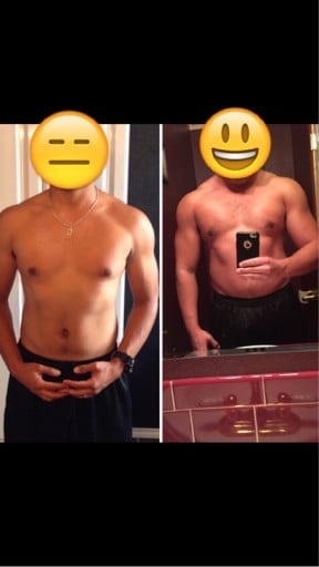 A progress pic of a 5'9" man showing a muscle gain from 160 pounds to 185 pounds. A respectable gain of 25 pounds.