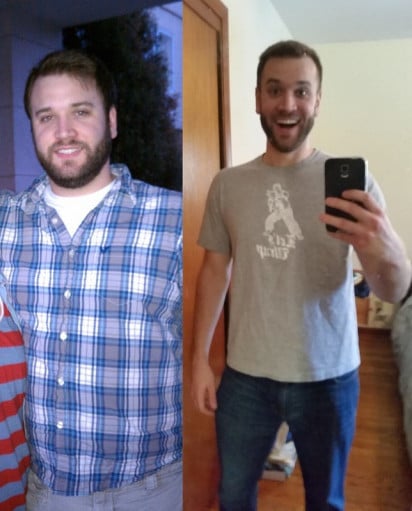 A before and after photo of a 6'0" male showing a weight reduction from 245 pounds to 194 pounds. A net loss of 51 pounds.
