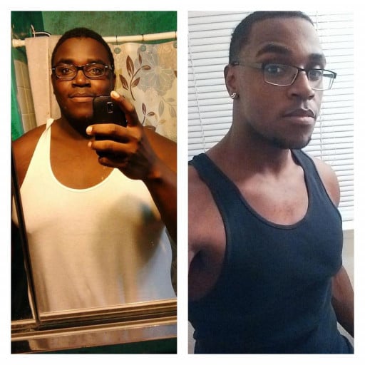 A progress pic of a 5'11" man showing a fat loss from 330 pounds to 194 pounds. A respectable loss of 136 pounds.