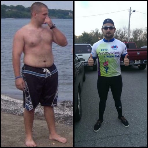 A progress pic of a 5'11" man showing a fat loss from 255 pounds to 198 pounds. A respectable loss of 57 pounds.