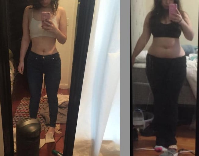 A before and after photo of a 5'0" female showing a weight loss from 170 pounds to 120 pounds. A net loss of 50 pounds.