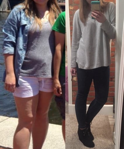A picture of a 5'4" female showing a weight loss from 185 pounds to 143 pounds. A net loss of 42 pounds.