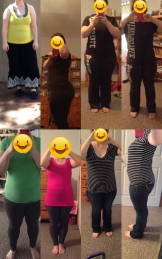 A picture of a 5'4" female showing a weight loss from 215 pounds to 174 pounds. A net loss of 41 pounds.