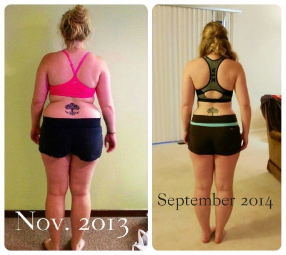 A before and after photo of a 5'2" female showing a weight cut from 165 pounds to 135 pounds. A total loss of 30 pounds.