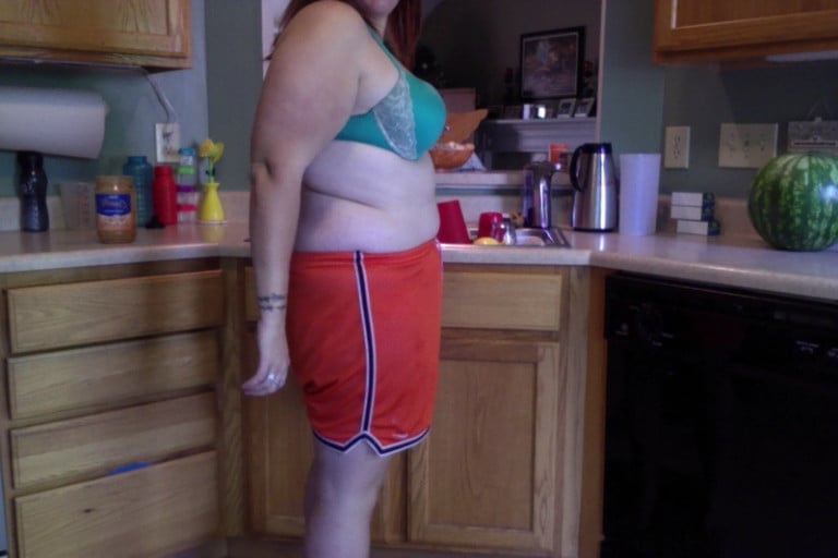A before and after photo of a 5'4" female showing a snapshot of 205 pounds at a height of 5'4