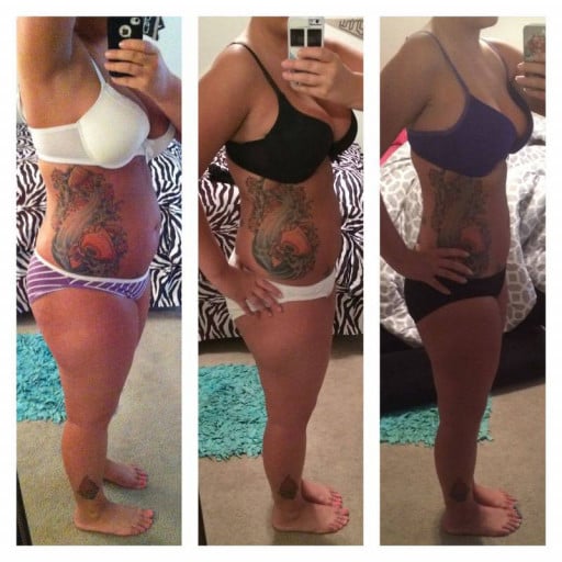 A photo of a 5'3" woman showing a fat loss from 185 pounds to 160 pounds. A respectable loss of 25 pounds.