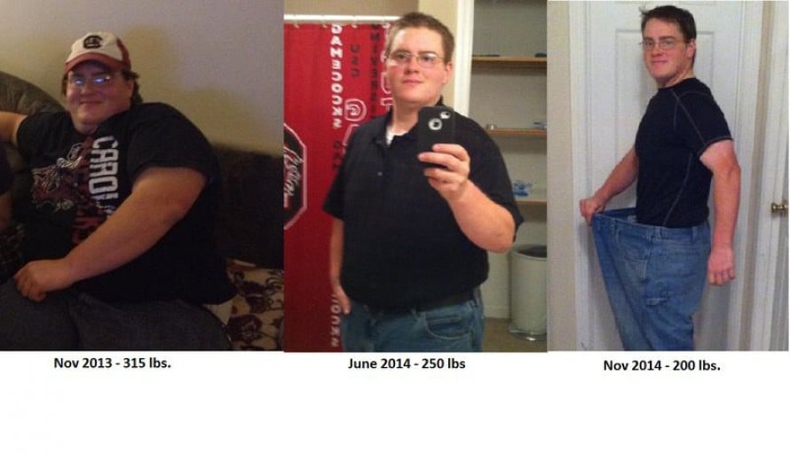 A photo of a 5'6" man showing a weight loss from 315 pounds to 200 pounds. A net loss of 115 pounds.