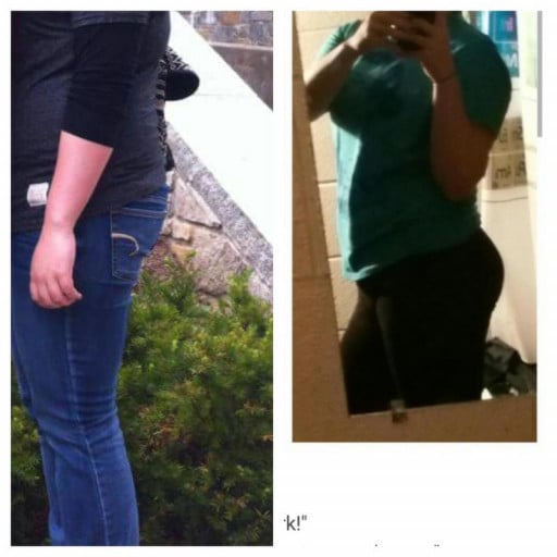 A before and after photo of a 5'11" female showing a weight loss from 250 pounds to 185 pounds. A net loss of 65 pounds.
