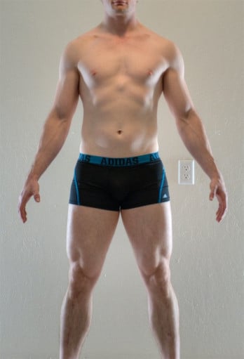 A before and after photo of a 6'0" male showing a snapshot of 184 pounds at a height of 6'0