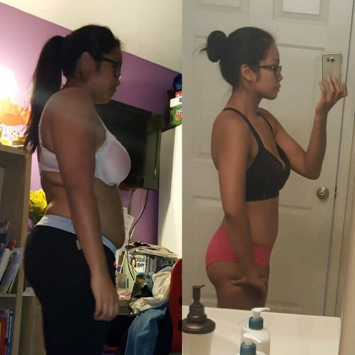 A before and after photo of a 5'5" female showing a weight loss from 178 pounds to 141 pounds. A respectable loss of 37 pounds.