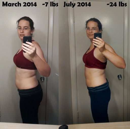 A before and after photo of a 5'8" female showing a weight loss from 184 pounds to 158 pounds. A total loss of 26 pounds.