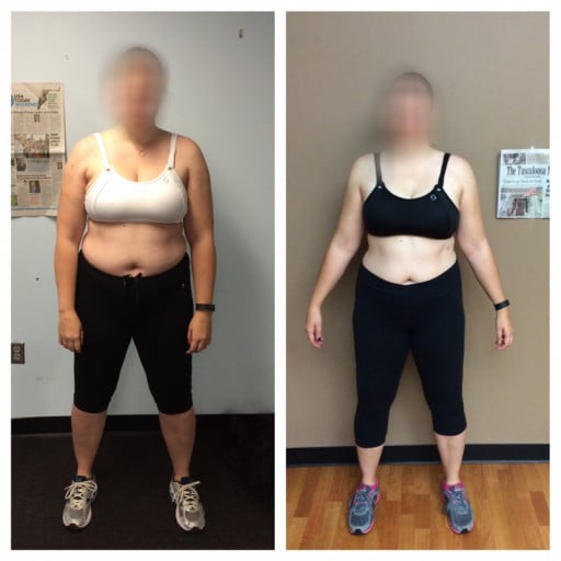A picture of a 5'8" female showing a fat loss from 212 pounds to 199 pounds. A respectable loss of 13 pounds.