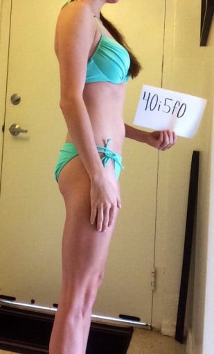 A progress pic of a 5'4" woman showing a snapshot of 104 pounds at a height of 5'4